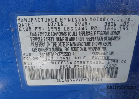 2015 Nissan Sentra Sr from USA, damaged, VIN 3N1AB7APXFY350014